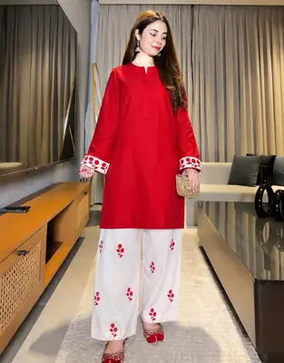2 Pcs Women's Stitched Cotton Embroidered Shirt And Trouser