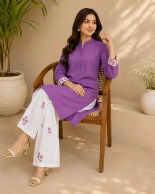 2 Pcs Women's Stitched Cotton Embroidered Shirt And Trouser