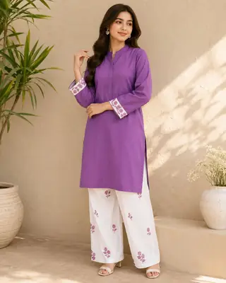 2 Pcs Women's Stitched Cotton Embroidered Shirt And Trouser thumbnail 2