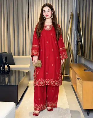 2 Pcs Women's Stitched Cotton Embroidered Shirt And Trouser