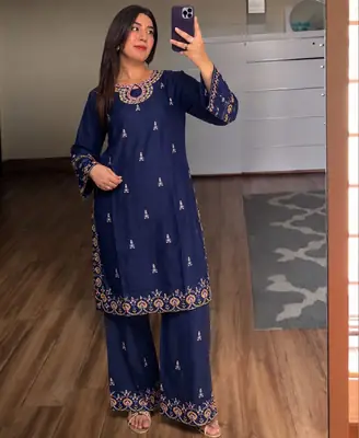 2 Pcs Women's Stitched Cotton Embroidered Shirt And Trouser