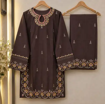2 Pcs Women's Stitched Cotton Embroidered Shirt And Trouser