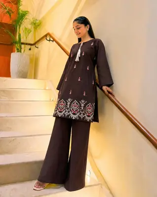 2 Pcs Women's Stitched Cotton Jacquard Embroidered Shirt And Trouser