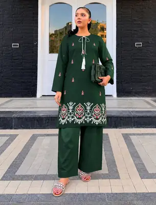 2 Pcs Women's Stitched Cotton Jacquard Embroidered Shirt And Trouser