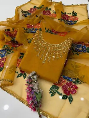 3 Pcs Women's Unstitched Sequins Embroidered Suit thumbnail 2