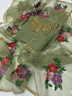 3 Pcs Women's Unstitched Sequins Embroidered Suit thumbnail 2