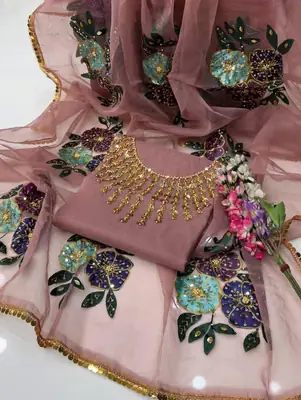 3 Pcs Women's Unstitched Sequins Embroidered Suit thumbnail 2