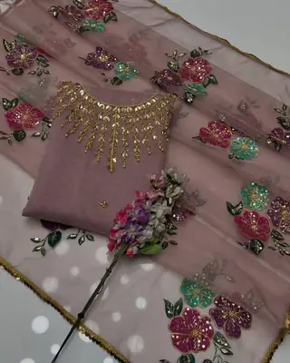 3 Pcs Women's Unstitched Sequins Embroidered Suit thumbnail 3