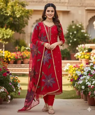3 Pcs Women's Unstitched Sequins Embroidered Suit