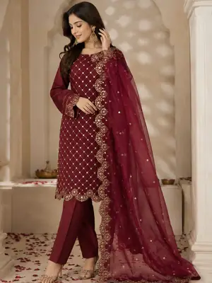 3 Pcs Women's Unstitched Sheesha Work Suit