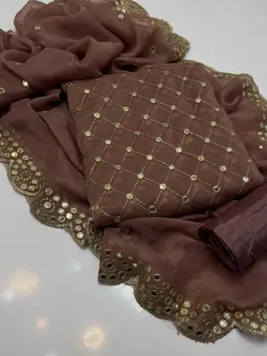 3 Pcs Women's Unstitched Sheesha Work Suit thumbnail 2
