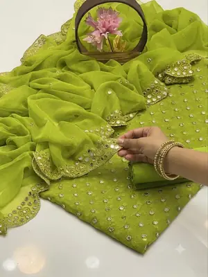 3 Pcs Women's Unstitched Sheesha Work Suit thumbnail 2