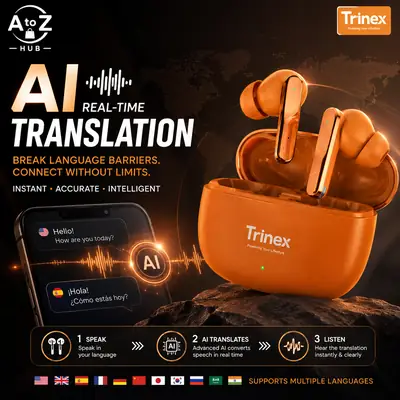 Trinex PowerPods Max Wireless Earbuds With Bluetooth 5.3, AI Real-Time Translation, 38ms Low Latency Game Mode, 13mm Titanium Drivers, ENC Call Clarity And Up To 35H Playtime. Perfect For Gaming, Music, Calls And Everyday Use.