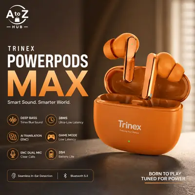Trinex PowerPods Max Wireless Earbuds With Bluetooth 5.3, AI Real-Time Translation, 38ms Low Latency Game Mode, 13mm Titanium Drivers, ENC Call Clarity And Up To 35H Playtime. Perfect For Gaming, Music, Calls And Everyday Use. thumbnail 2