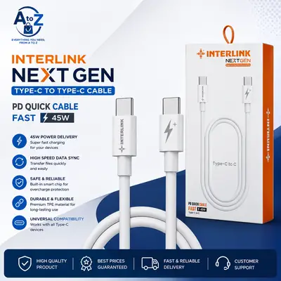 Interlink NextGen Type-C to Type-C Cable 45W PD Fast Charging & High-Speed Data Transfer Sync Cable
