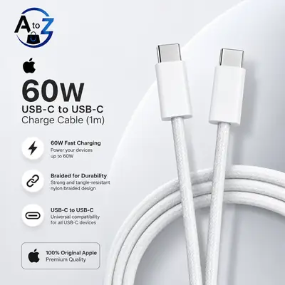 Apple 60W USB-C to USB-C Charge Cable 1m | 100% Original Apple Fast Charging PD Cable | Type-C to Type-C Woven Cable for iPhone, iPad & MacBook