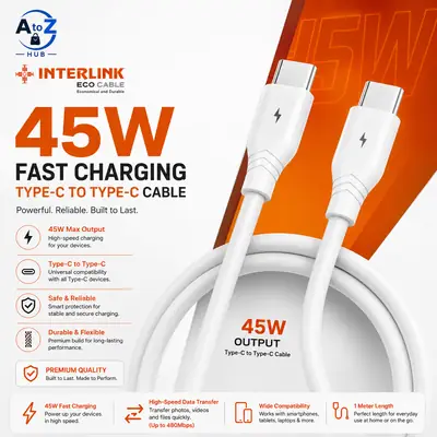 Interlink Eco Cable USB-C to USB-C 45W Fast Charging Cable 1M - 480Mbps Data Transfer Premium Quality