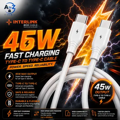 Interlink Eco Cable USB-C to USB-C 45W Fast Charging Cable 1M - 480Mbps Data Transfer Premium Quality thumbnail 2