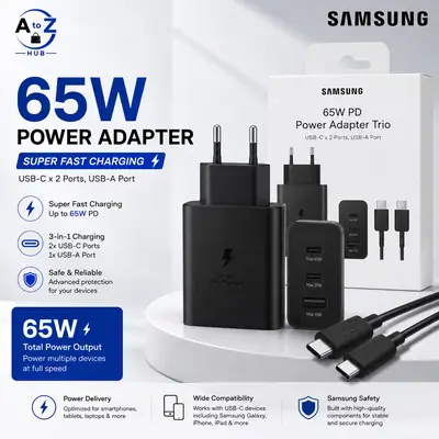 Samsung Original 65W PD Power Adapter Trio - 3-in-1 Fast Charging Adapter with 2 USB-C & 1 USB-A Port