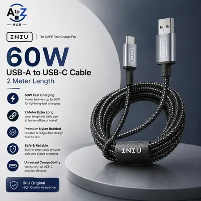 INIU Original 60W USB-A to USB-C Fast Charging Cable - 2 Meter Premium Nylon Braided Cable