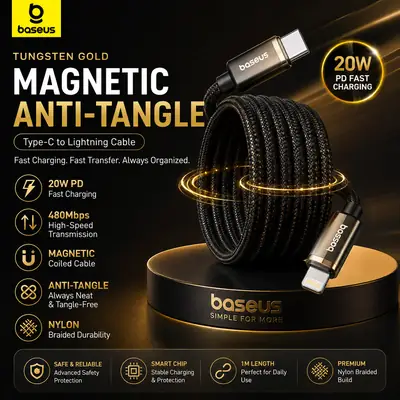 Baseus Tungsten Gold Magnetic Type-C To Lightning Cable 20W PD Fast Charging Data Cable | USB-C To Lightning | 480Mbps Data Transfer | Nylon Braided Anti-Tangle 1M Black (Pouch Pack)