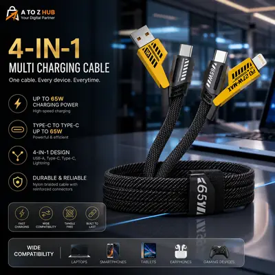 4 In 1 65W Fast Charging Data Cable Multi Charging Cable USB A To Type C Type C To Type C Type C To Lightning USB A To Lightning PD Cable For Android Samsung Xiaomi iPhone (Pouch Pack)