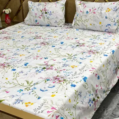3 Pcs Cotton Printed Double Bedsheet