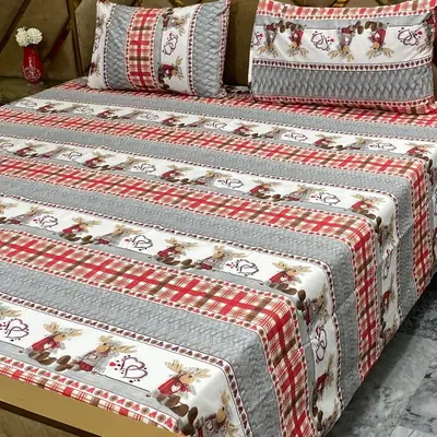 3 Pcs Cotton Printed Double Bedsheet