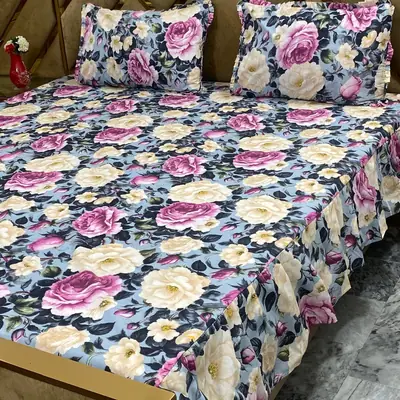 3 Pcs Cotton Frill Double Bedsheet