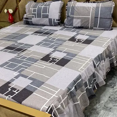 3 Pcs Cotton Frill Double Bedsheet