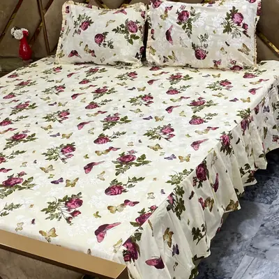 3 Pcs Cotton Frill Double Bedsheet