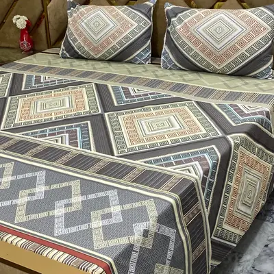 3 Pcs Cotton Printed Double Bedsheet