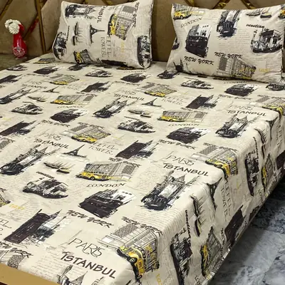 3 Pcs Cotton Printed Double Bedsheet