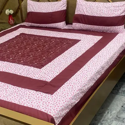 3 Pcs Cotton Printed Double Bedsheet