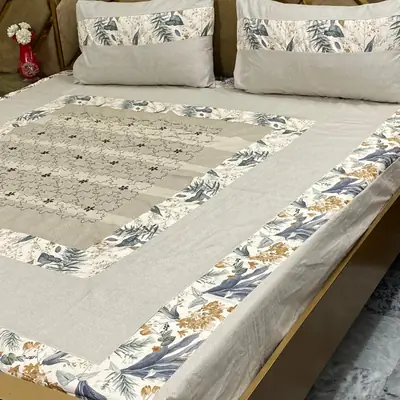 3 Pcs Cotton Printed Double Bedsheet