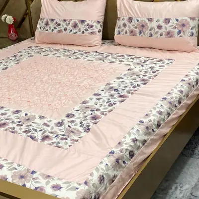 3 Pcs Cotton Printed Double Bedsheet