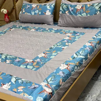 3 Pcs Cotton Printed Double Bedsheet