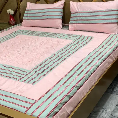 3 Pcs Cotton Printed Double Bedsheet