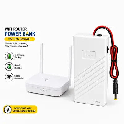 Finezo WiFi Router Power Bank 12V 12000mAh – 5-6 Hours Backup Mini UPS for WiFi Router & Modem – Supports 1A, 1.5A & 2A Devices – Portable Power Backup for Internet During Load Shedding