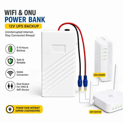 Finezo WiFi Router Power Bank 12V 12000mAh – 5-6 Hours Backup Mini UPS for WiFi Router, Modem, ONU & ONT – Supports 1A, 1.5A & 2A Devices – Portable Power Backup for Internet During Load Shedding