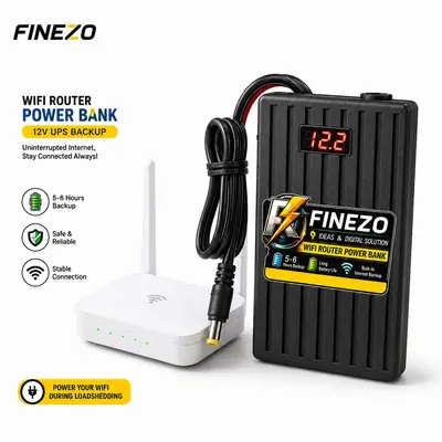 Finezo WiFi Router Power Bank 12V 6000mAh – Router UPS with LED Digital Voltage Display, 5-6 Hours Backup, Supports 0.5A & 1A Devices – Portable WiFi Power Backup