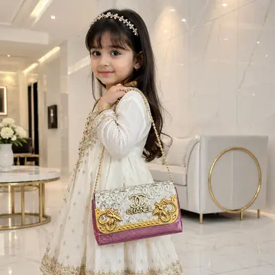 Kids Girls Sparkle Princess Party Hand & Shoulder Bag With Beads Strap
