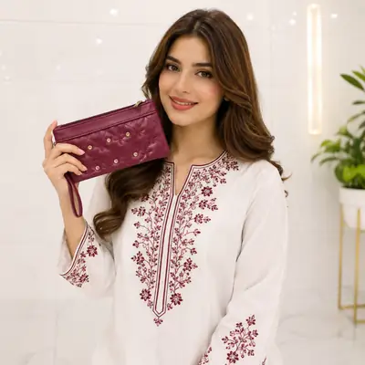 Women's PU Leather Embroidered Fancy Clutch With Strap