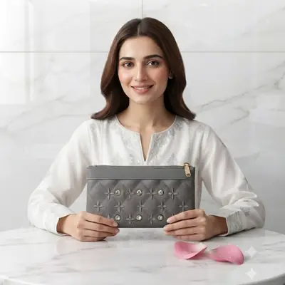 Elegant Embroidered PU Leather Hand Clutch With Wrist Strap  thumbnail 7