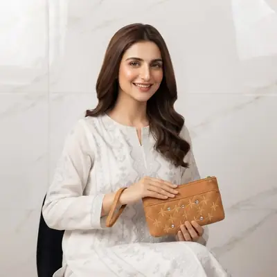 Elegant Mustard Embroidered PU Leather Hand clutch Mobile Size With Wrist Strap 