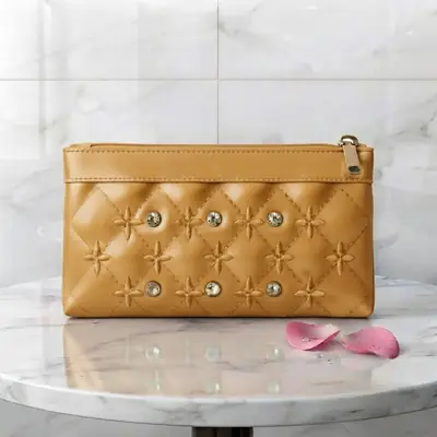 Elegant Mustard Embroidered PU Leather Hand clutch Mobile Size With Wrist Strap  thumbnail 2