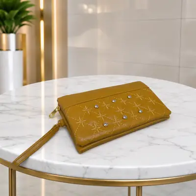 Elegant Mustard Embroidered PU Leather Hand clutch Mobile Size With Wrist Strap  thumbnail 5