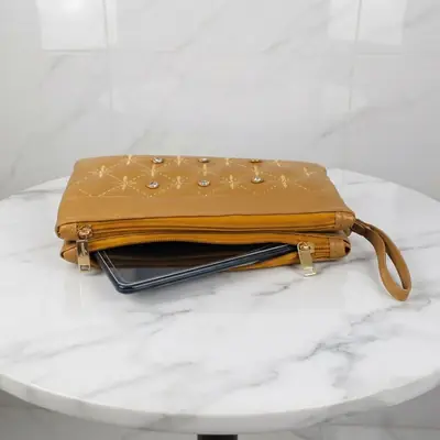 Elegant Mustard Embroidered PU Leather Hand clutch Mobile Size With Wrist Strap  thumbnail 7