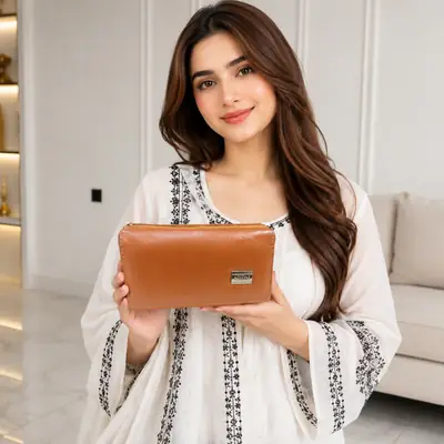 Ladies PU Leather Hand clutch Double Flap Magnetic Closure