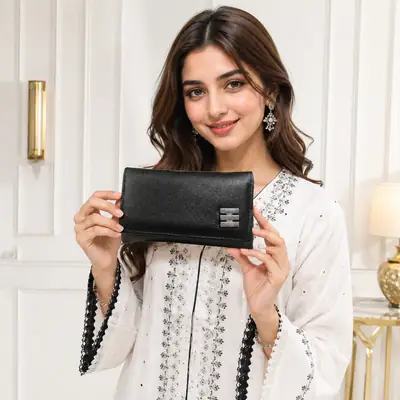 Ladies PU Leather Hand clutch Double Flap Magnetic Closure